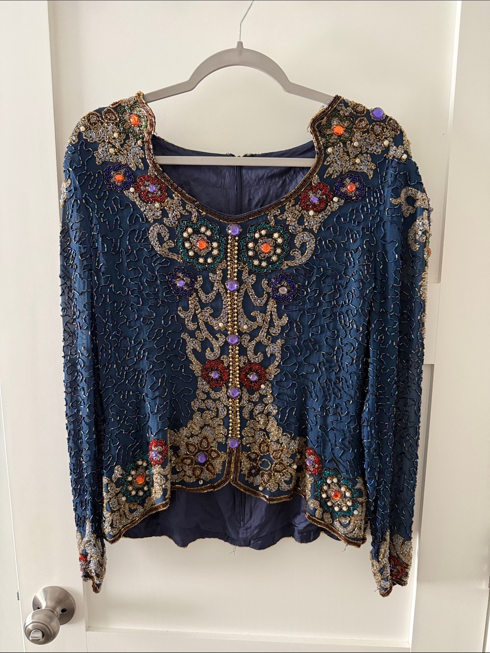 Vintage Navy Beaded Embellished Blouse with Multicolor Gems